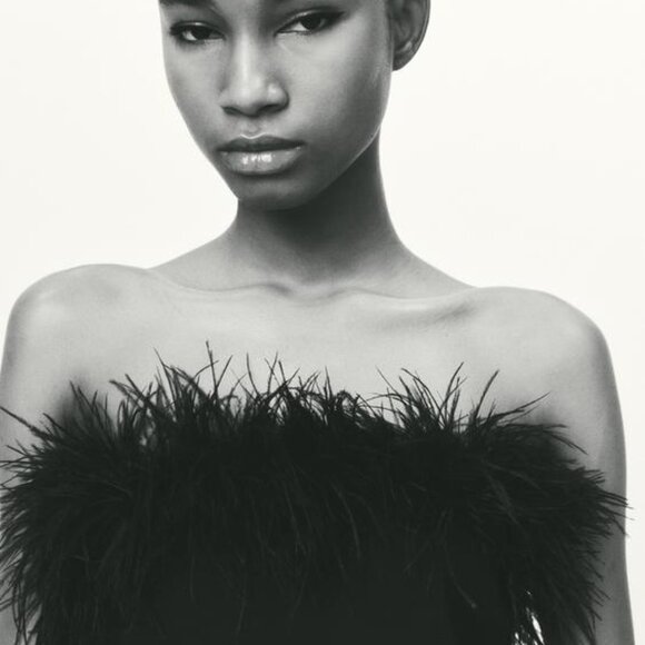 BNWT Zara Strapless Feather Top in Black, Size Large - Picture 3 of 6